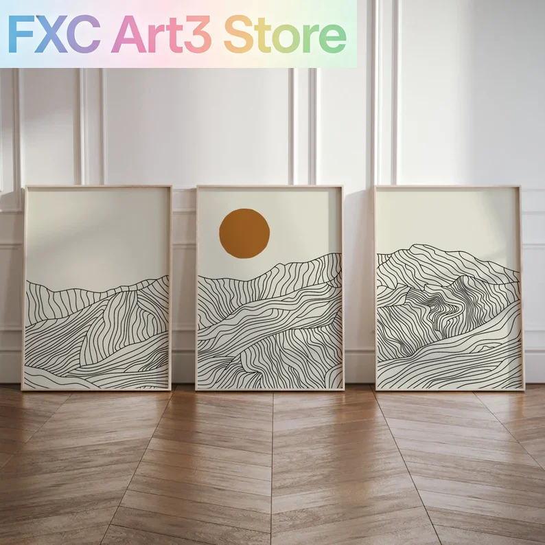 3-teiliges Set, rahmenlos, japanische Alpen, Sonnenaufgang, Leinwanddruck, abstrakte Linienlandschaft, Wandkunst, Kunstposter für modernes Wohnzimmer & H
