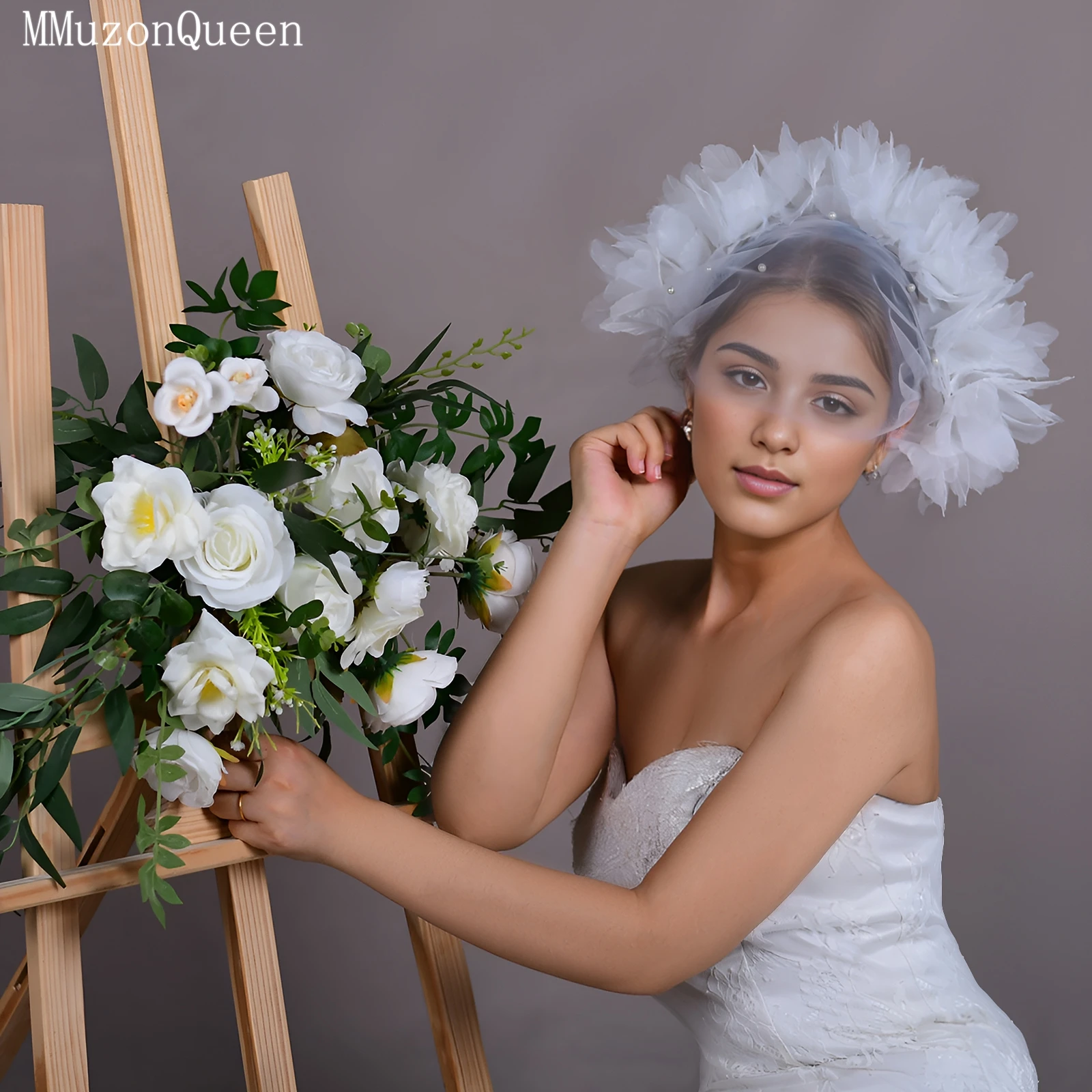 

TOPQUEEN VA21 Элегантная фата с цветами, белая, с 3D-цветами, короткая, для невесты, свадебная фата с цветочным декором, аксессуары для свадьбы