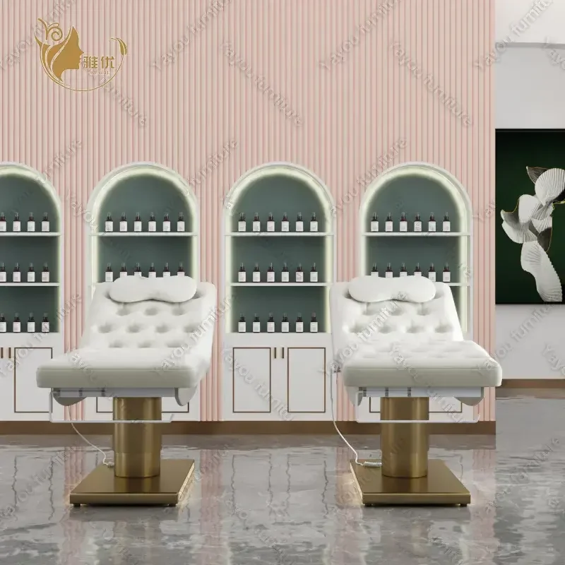 سرير تجميل كهربائي بثلاثة محركات مع قاعدة أسطوانية ذهبية وإضاءة LED لكرسي رموش سبا في صالونات التجميل