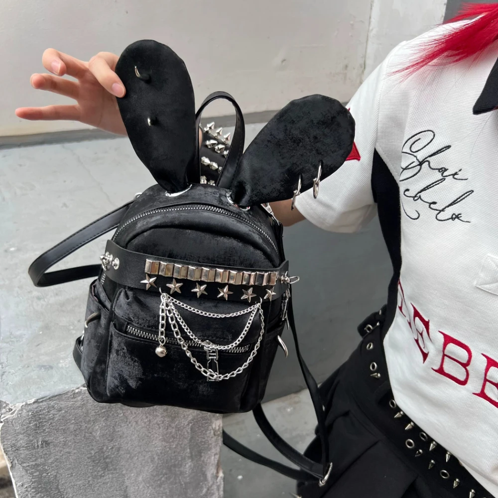 

Original Handmade Punk Dark Subculture Rabbit Rivet Backpack Hottie Sweet Cool Schoolbag Versatile Commute Bags for Women