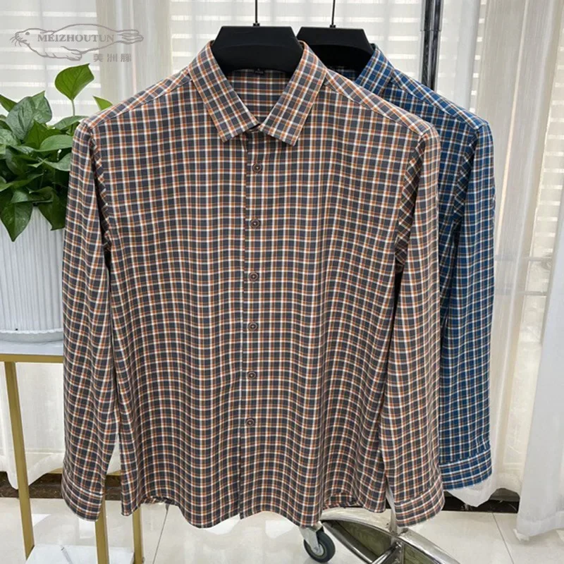 LIBIELIY 50-100KG Men's Autumn Checkered Long Sleeved Shirt Men's Middle-aged Fashion Inch Shirt Business Casual Shirt