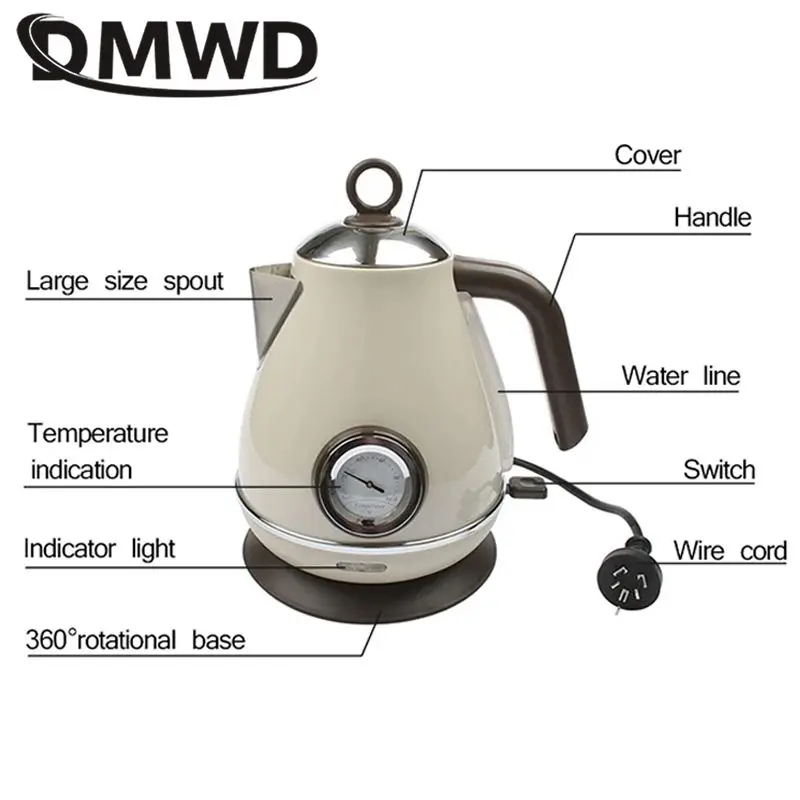 DMWD 1.7L bollitore elettrico retrò bollitore per uso domestico Mini caffettiera riscaldatore caffettiera in acciaio inossidabile con misuratore di temperatura