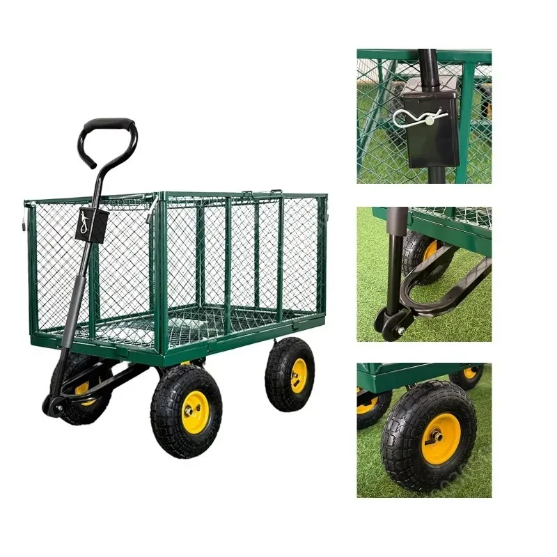 Heavy-Duty Steel Mesh Garden Cart with 4 Wheels,Utility Yard Wagon with Foldable Handle Removable Sides,Outdoor Rolling Trolley