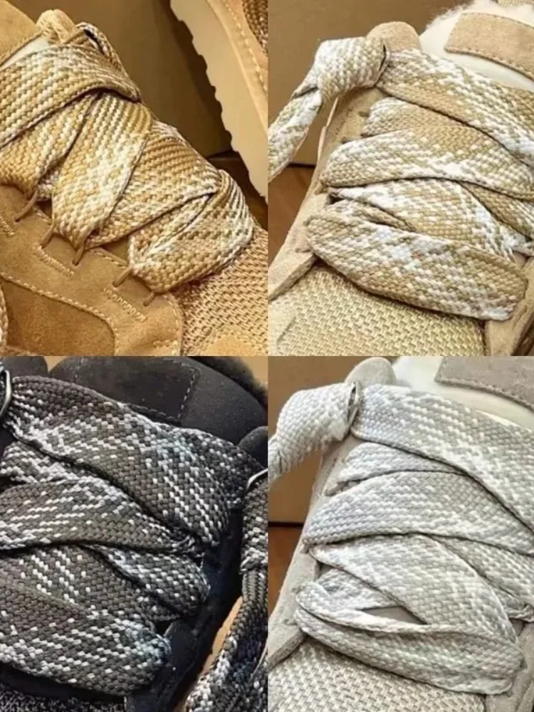 Sznurówki do zimowych butów śniegowych, szerokie, wzór w kratę, dwukolorowe, męskie, damskie, modne, sportowe, codzienne, do koszykówki, do treningu, sznurówki do butów. (Gray Pink) — Zdjęcie 2 z 2
