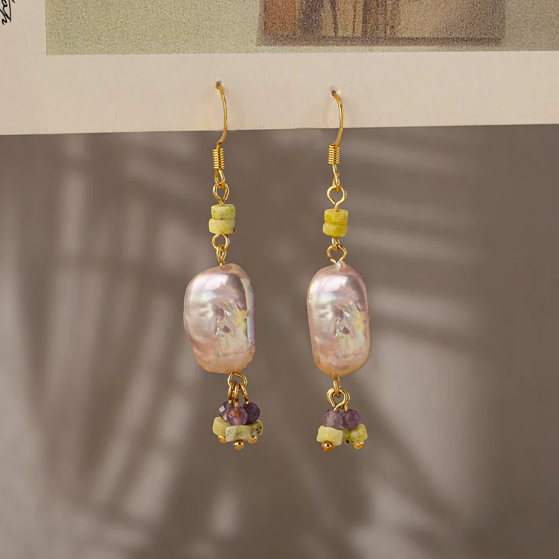 Elegant Amethyst Small Stone Strand Necklace Chinese Style Light Luxury Earrings, Square Baroque Pearl Tassel Necklace for Women