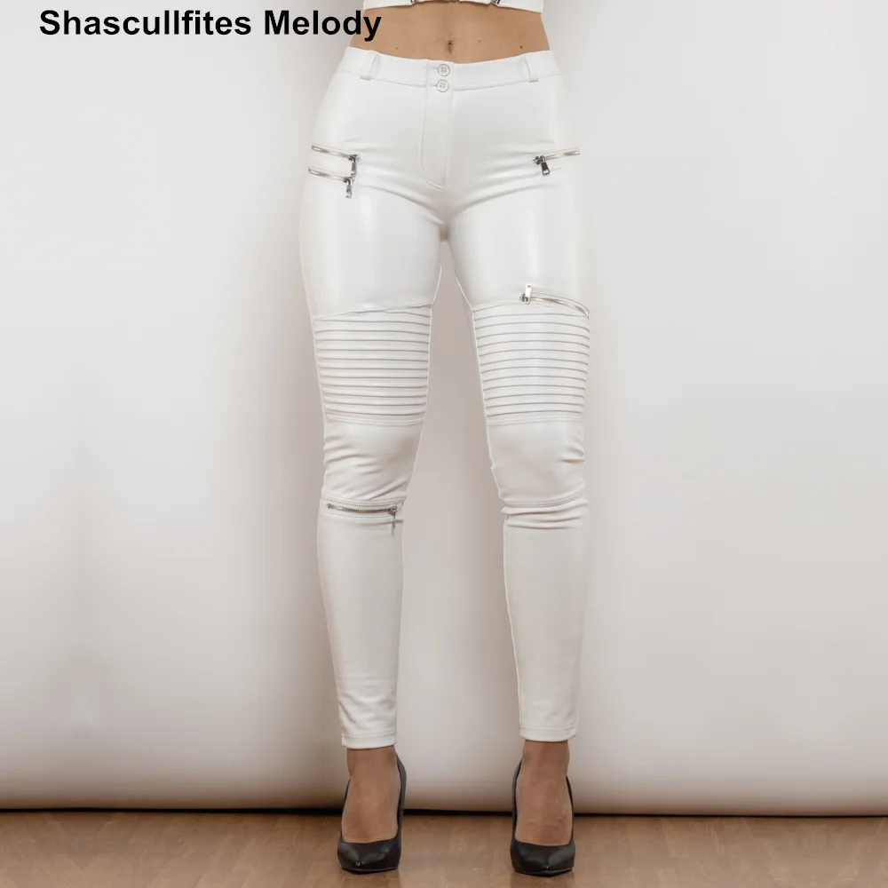 Shascullfites Melody White Pu Leather Pants Women's Riding Pants Coating Windshield Waterproof Pants Slim Faux Leather Leggings