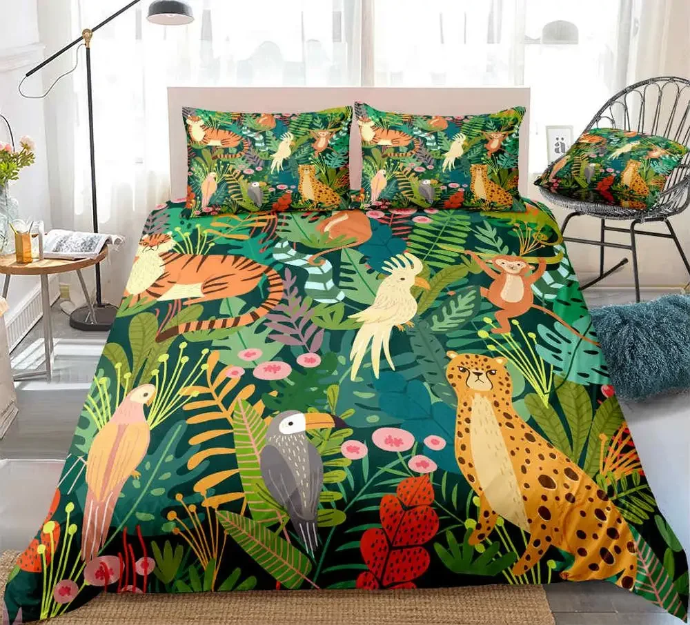 

Wild Animals Bedding Set Tropical Plant Floral Duvet Cover King Queen Size Parrot Monkey Comforter Cover Palm Leaves Quilt Cover