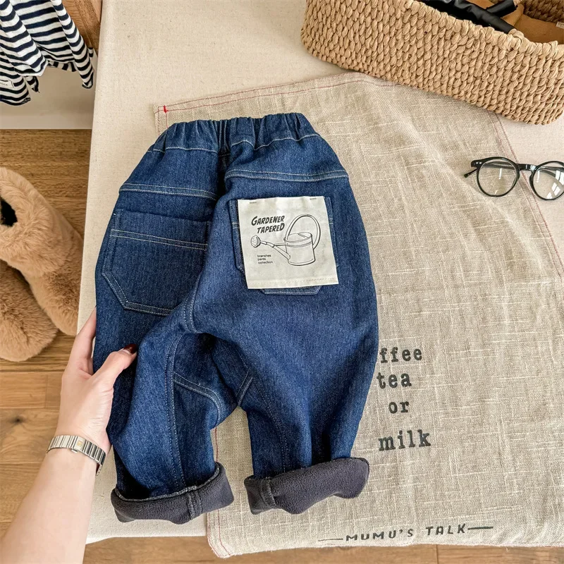 Kid Jean Pant 2024 Autumn and Winter Children Wear Children Korean Style Cashmere Thick Denim Pants Boys and Girls Harun Pants