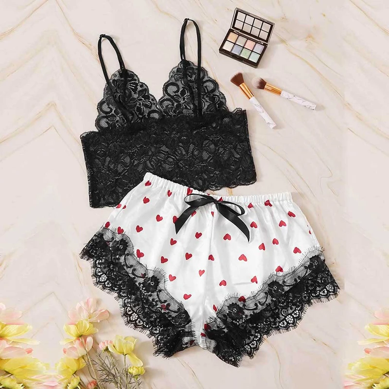 Women Sexy Lace Pajamas Set Silk Satin Sleepwear Summer V-neck Sleeveless Pijama Faux Silk Homewear Red Heart Print Nightwear