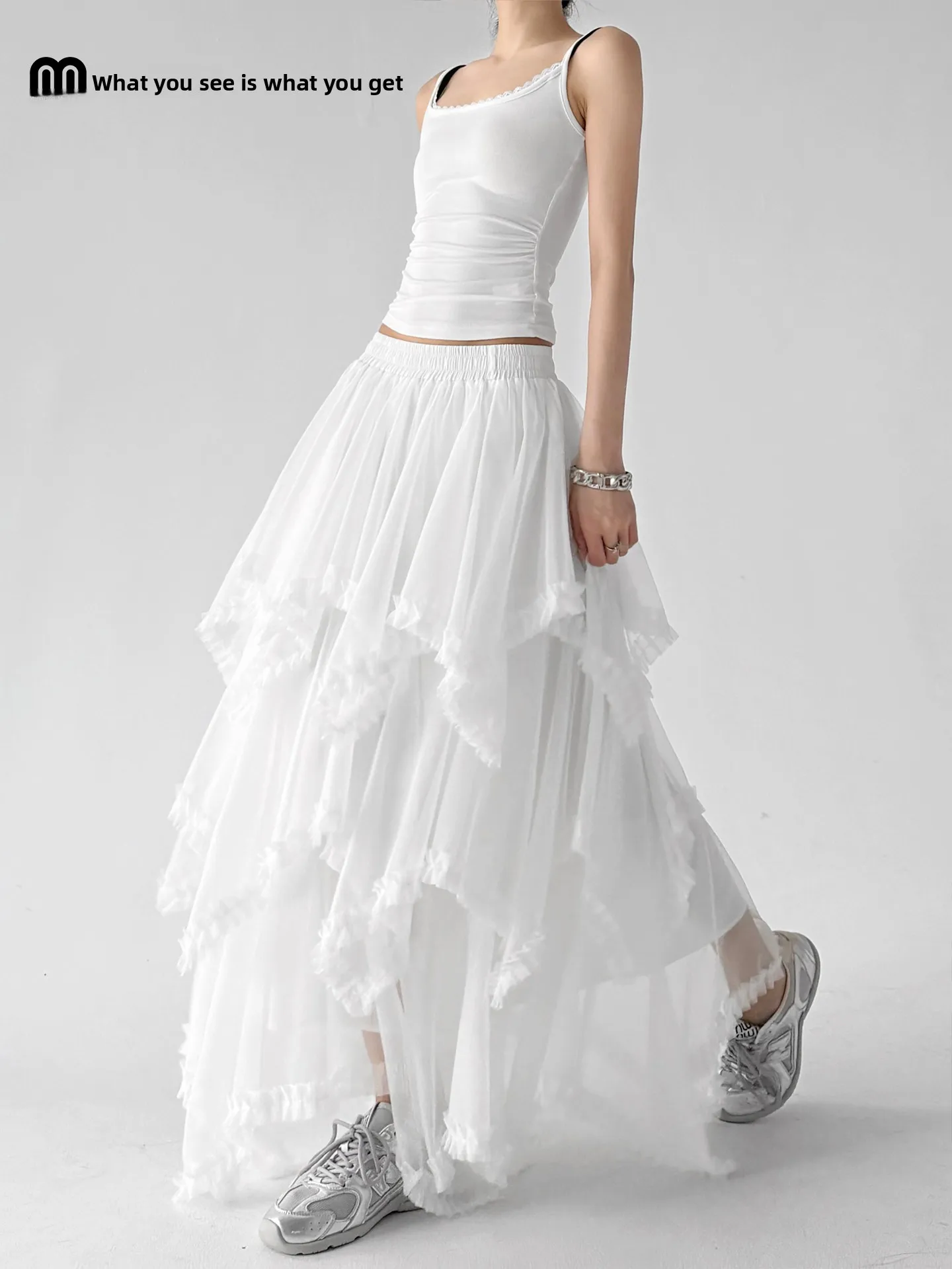 

Asymmetric High Waist Tulle Cake Skirt Women's Summer New Style Layered A-Line Long Skirt Girls Polyester Loose Fit Skirt