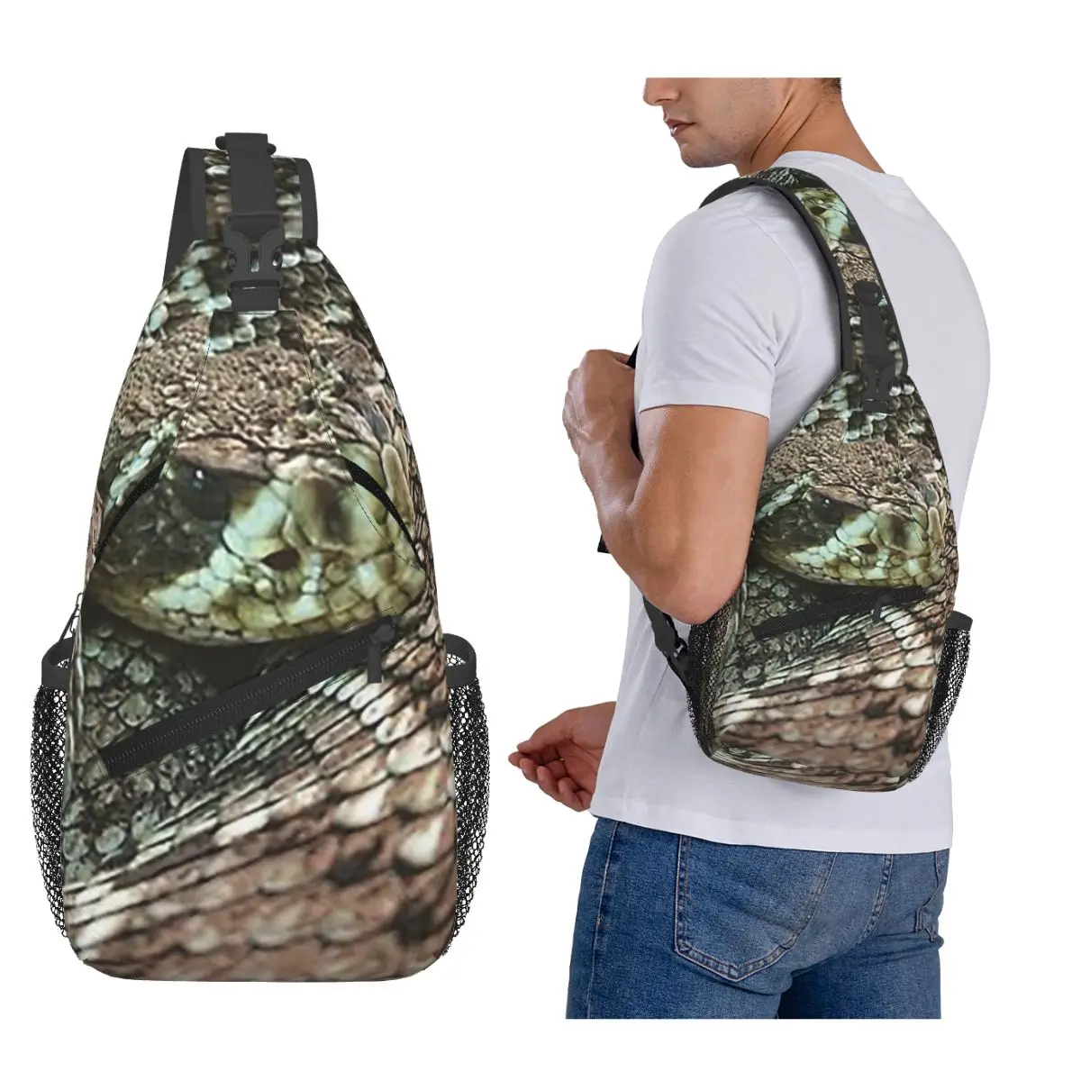 

Нагрудная сумка со змеей и спиральной ромбовидной спинкой, гремучая змея, мужской рюкзак через плечо, нагрудная сумка, дорожный походный рюкзак, сумка на плечо