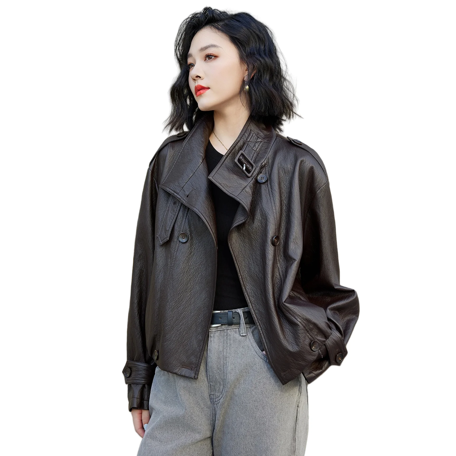 クールなPUレザーのジャケット、レディーススタンドカラー、秋の新作、ヴィンテージ風レザージャケット、小さいサイズ、ファッショナブルな通勤スタイル