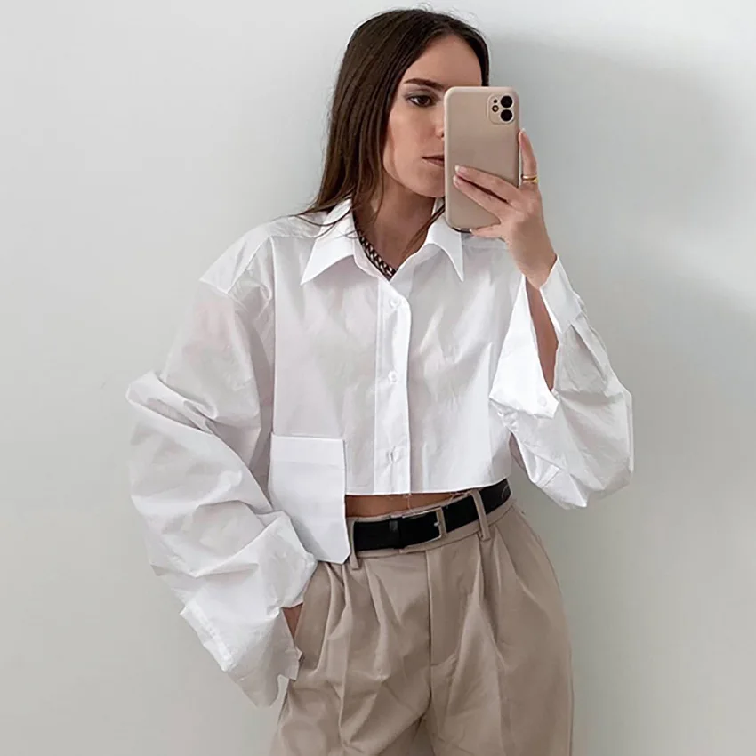 Women Clothing Personality Design Shirt 2024 Spring Autumn New Irregular Fashion Casual Temperament Loose Short White Shirt