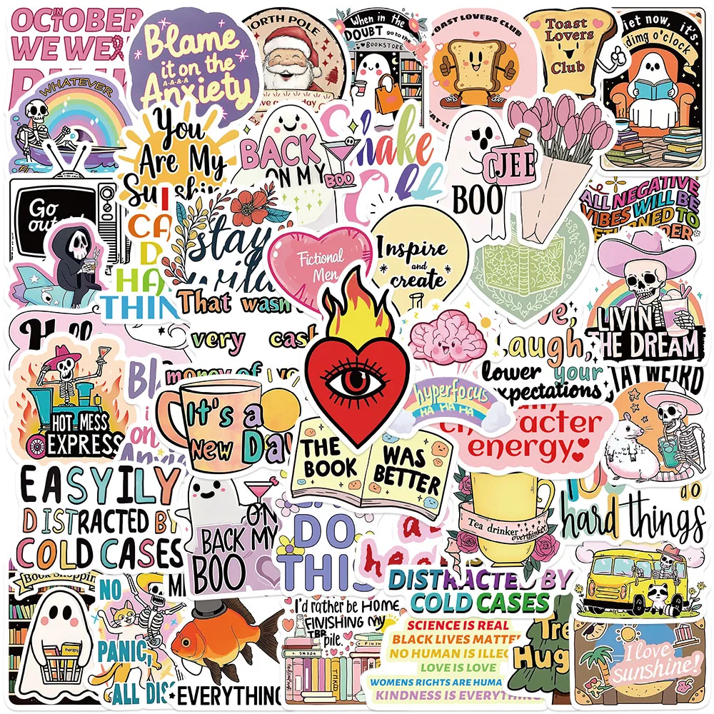 

50pcs Funny Cute Cartoon Motivational Phrases Good Vibes Stickers For Luggage Laptop Guitar Phone Diary Waterproof Vinyl Decals