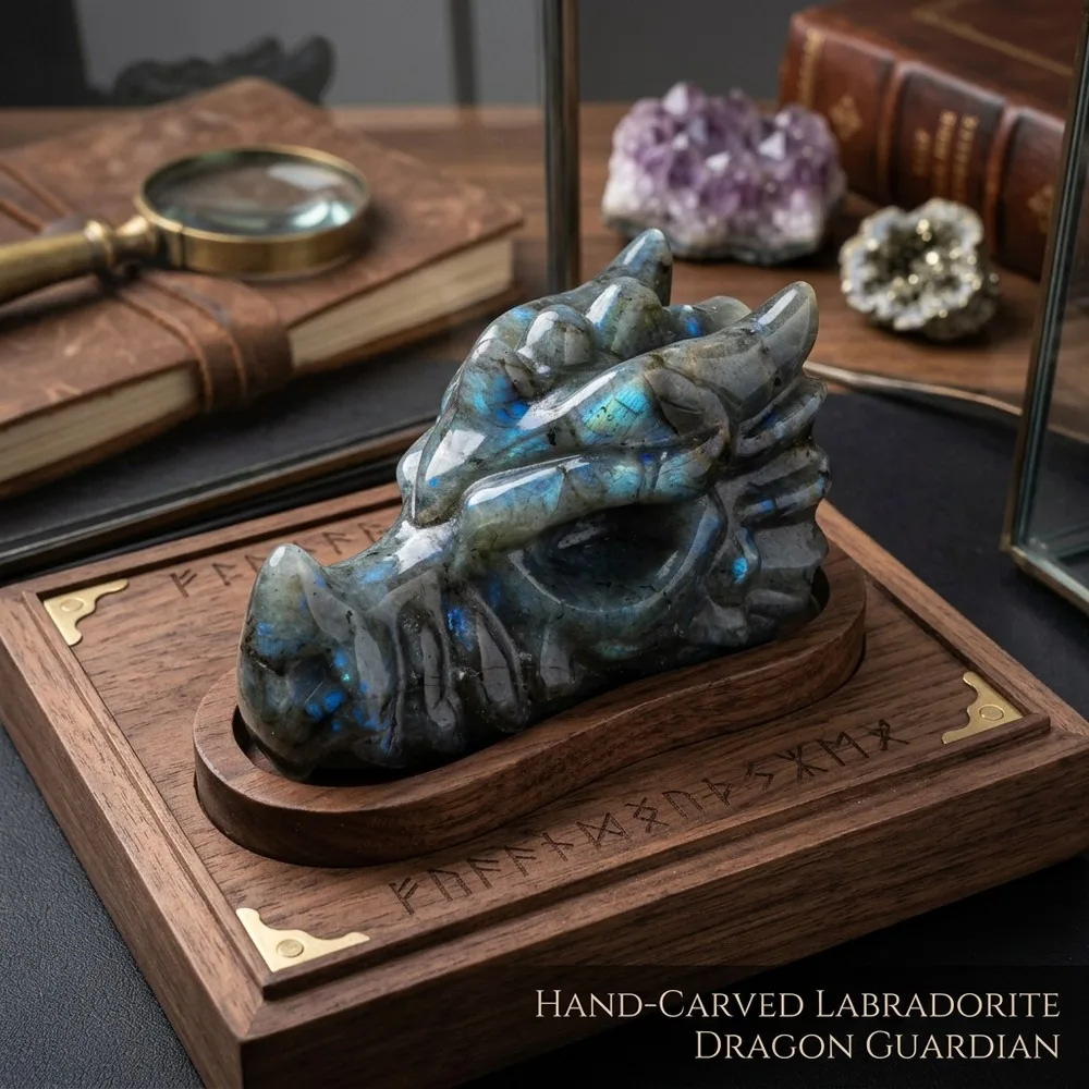 Labradorite Dragon Skull Statue, Natural Gemstone Carving, Mystic Crystal Decor, Reiki Healing Gift, Gothic Halloween