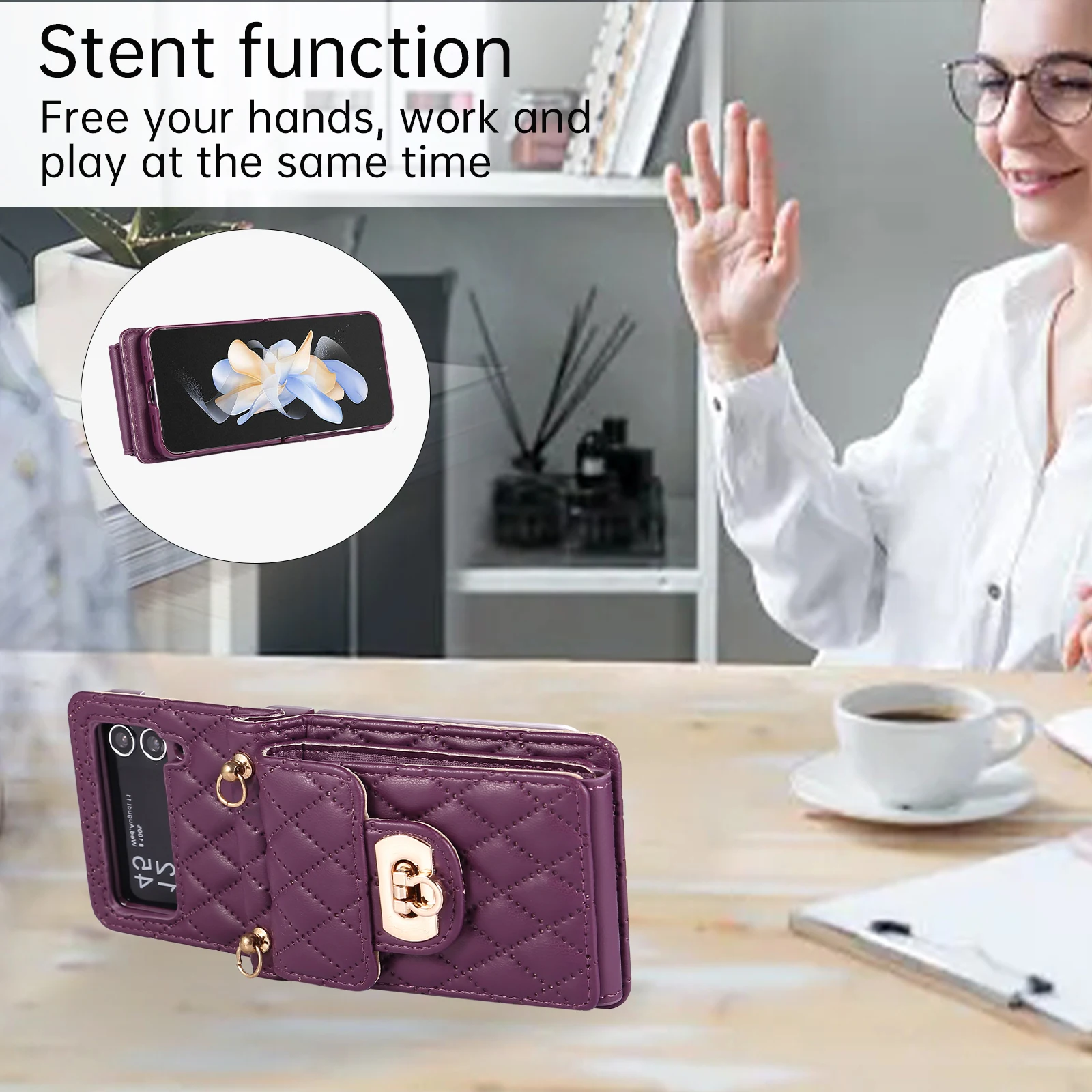 Fashion Rhombus Crossbody Lanyard PU Leather Wallet Card Holders Case For Samsung Galaxy Z Flip 5 4 3 5G Shockproof Cover Coque — zdjęcie produktu 5
