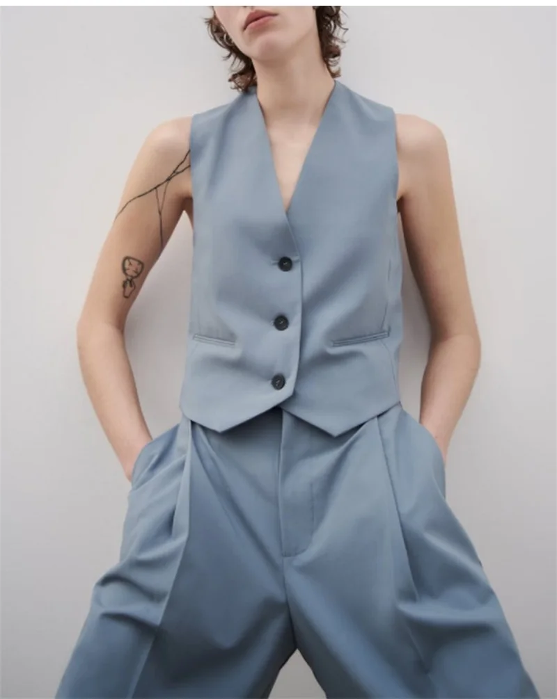 Sleeveless Women Suits Set 2 Pcs Vest Tops+Straight Wide Leg Pants Blue Grey Cotton Formal Office Suit Casual Wear In Stock