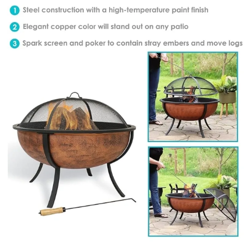 32-Inch Steel Fire Pit Bowl - Includes Spark Screen, Wood Grate, and Poker - High-Temperature Copper Finish