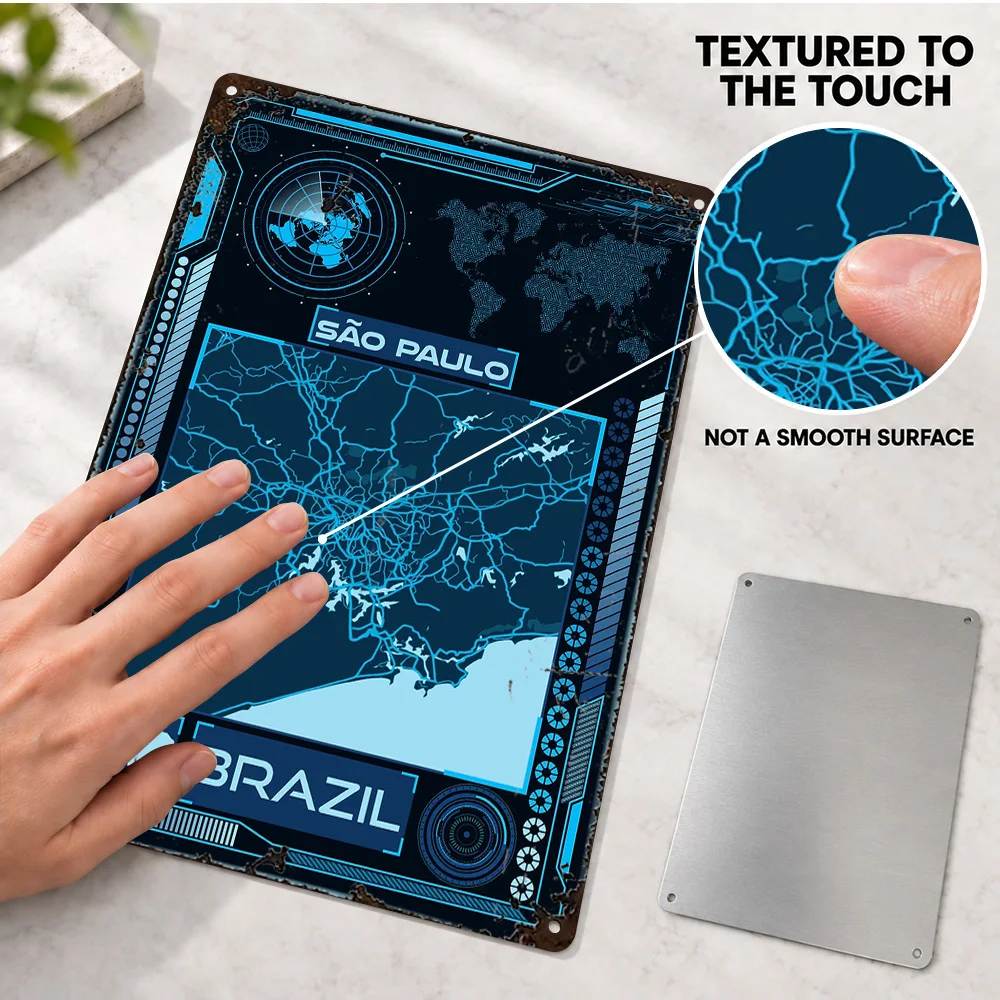Sao Paulo Map Aluminum Poster Personalized Metal Sign Futuristic Cartography Wall Art For Reading Room Geography Enthusiast Gift