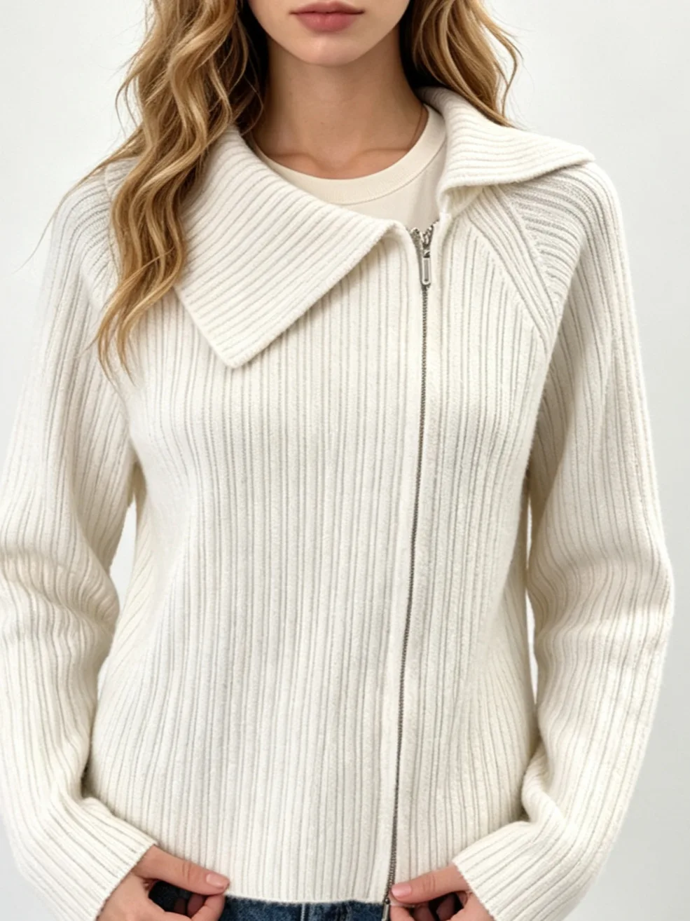 MsChuh Women's Slim Fit Long Sleeve Knitted Cardigan Double Zipper Open Front Spring 2026 New Style Irregular Design Knitwear