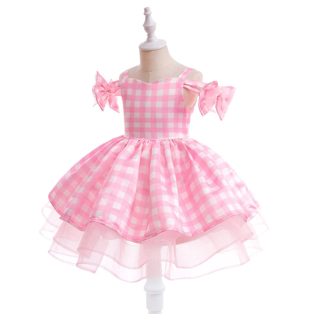 New Girls' Pink Plaid Dress Children's Sweet Princess Dress Kids Host Birthday Wedding Gown 3-8 Years Old