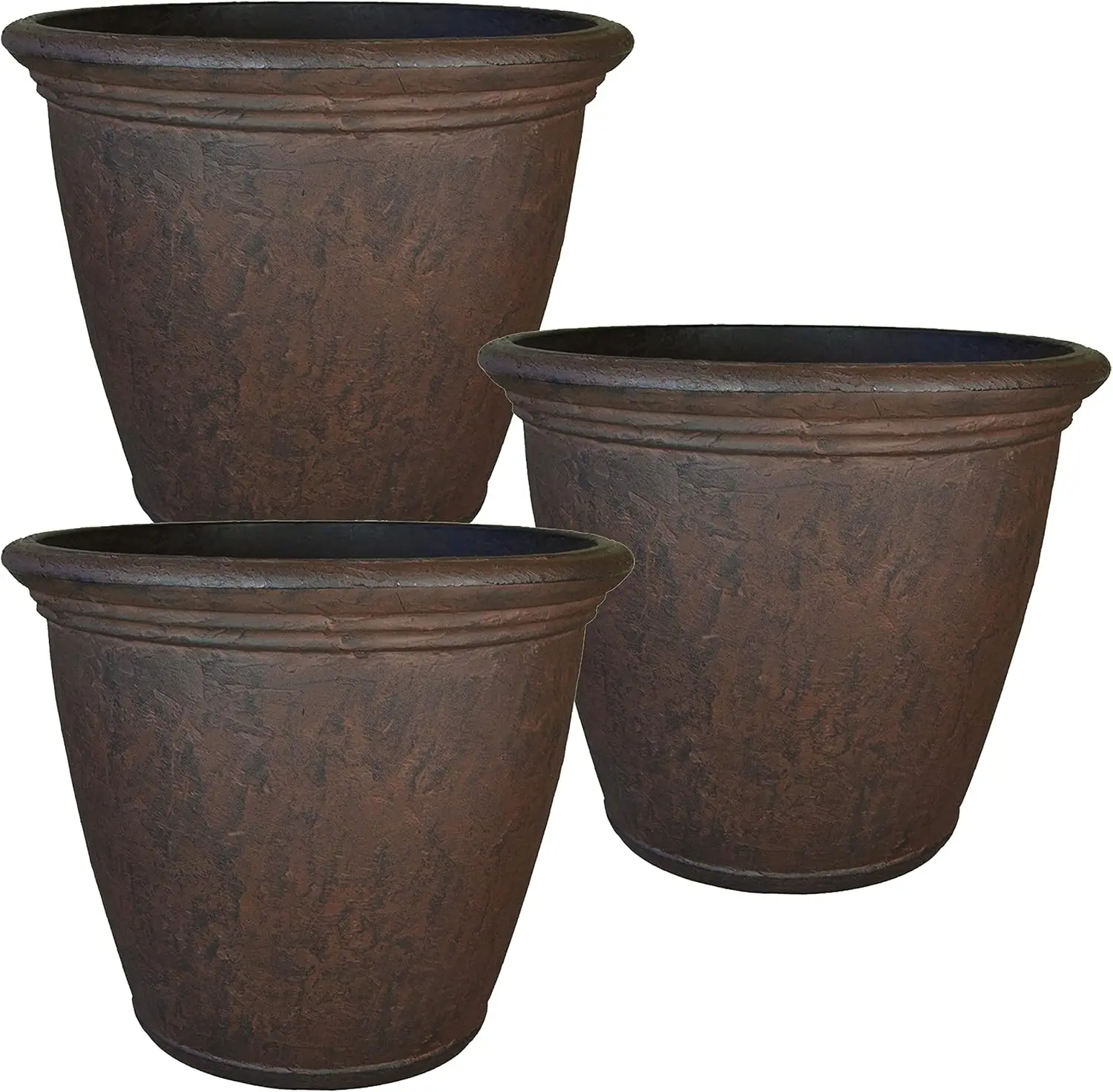 Anjelica Large Flower Pot Planter - Outdoor/Indoor Unbreakable Double-Walled Polyresin with UV-Resistant Rust Finish - Set of 3-