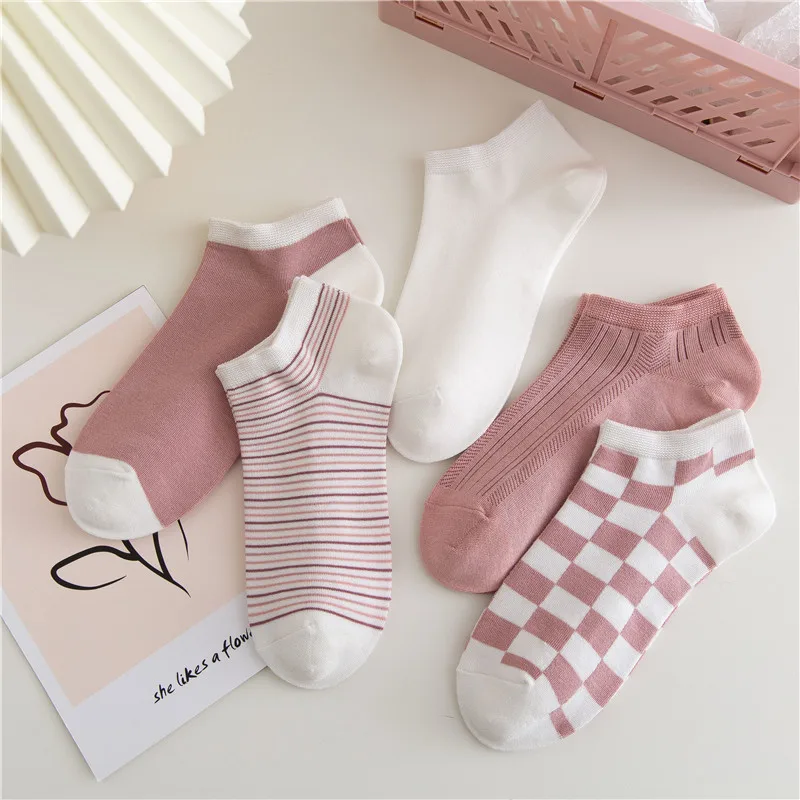 5 Pairs/lot Cotton Fashion Elegant Lovely Pink Women Short Socks Girls Lattice White Low Cut Cute Ankle Sox Spring  Autumn