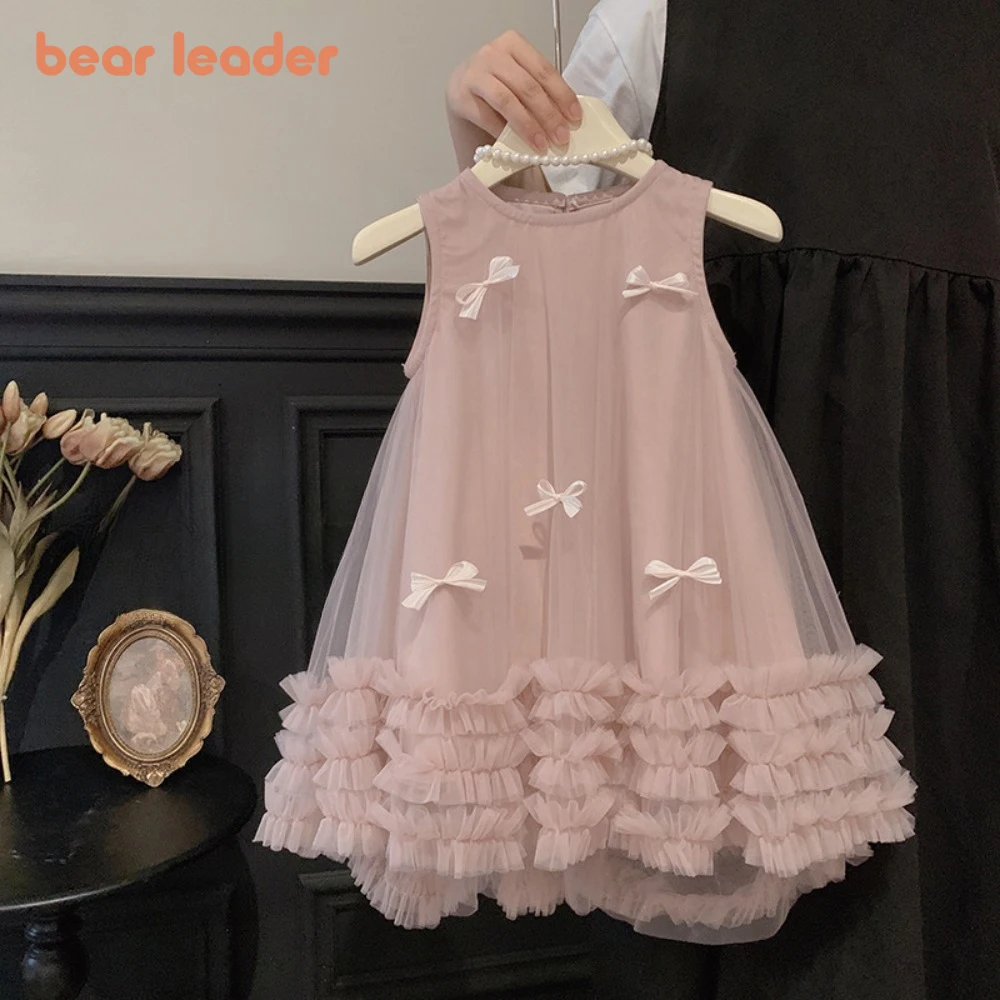 Bear Leader Pink Sweet Girls Dress Summer Sleeveless 3D Bow Decorative Mesh Princess Dress Birthday Wedding Party Kids Clothes