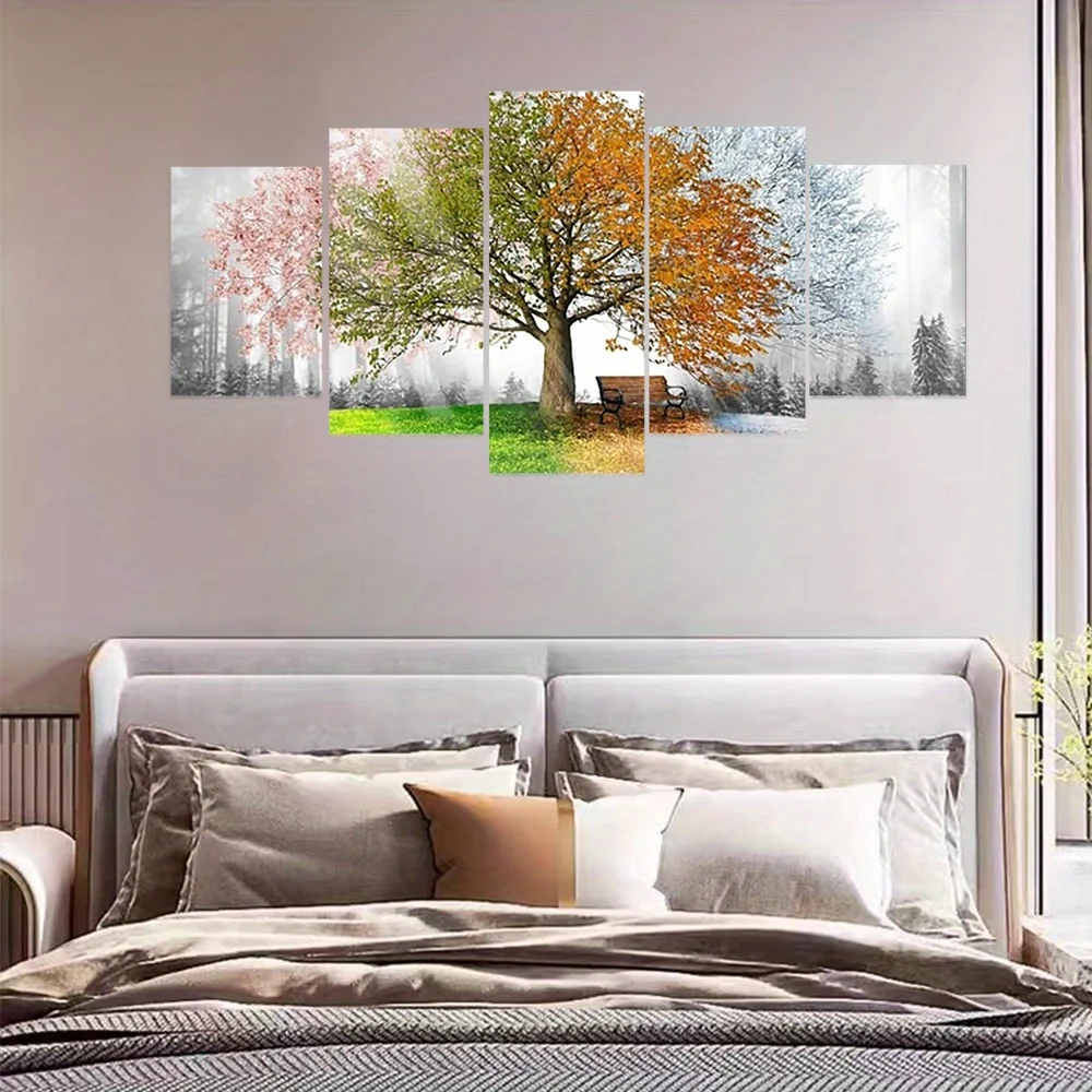 

5pcs Collage Posters Featuring The Tree of Life A Classic Retro Landscape Canvas Art Piece and A Depicting The Four Seasons