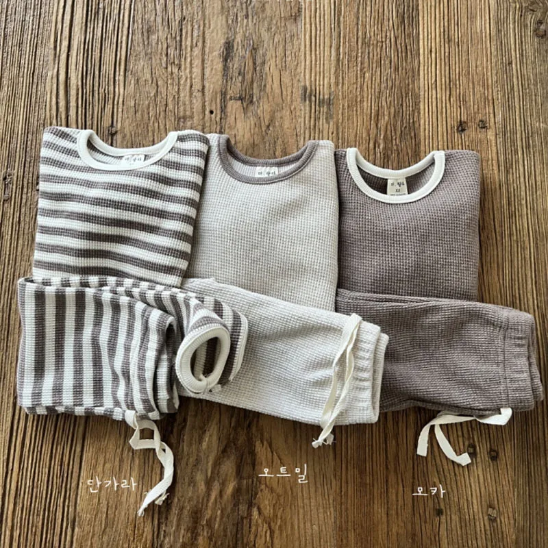 Sweat-shirt et pantalon en coton gaufré pour enfants, ensemble de vêtements décontractés pour enfants, tenues rayées pour bébés garçons et filles,