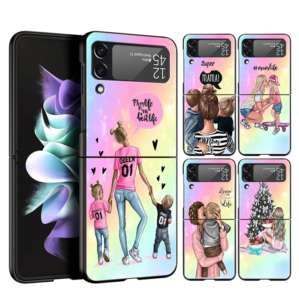 Super Mom Baby Hard PC Phone Case For Samsung Galaxy Z Flip 5 4 3 Black Cover For Galaxy Z Flip 6 Foldable Shockproof Case Capas