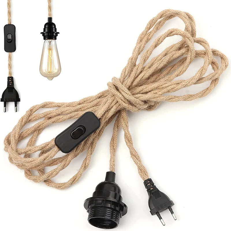 Cable trenzado con portalámparas, cable eléctrico E27, enchufe europeo de plástico, Vintage, con interruptor de encendido y apagado