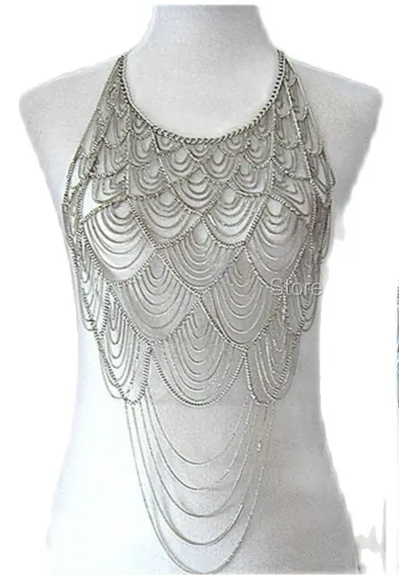 NEW STYLE BY490 WOMEN FASHION SILVER COLOUR CHAINS HARNESS LAYERS JEWELRY UNIQUE DESIGN LONGER