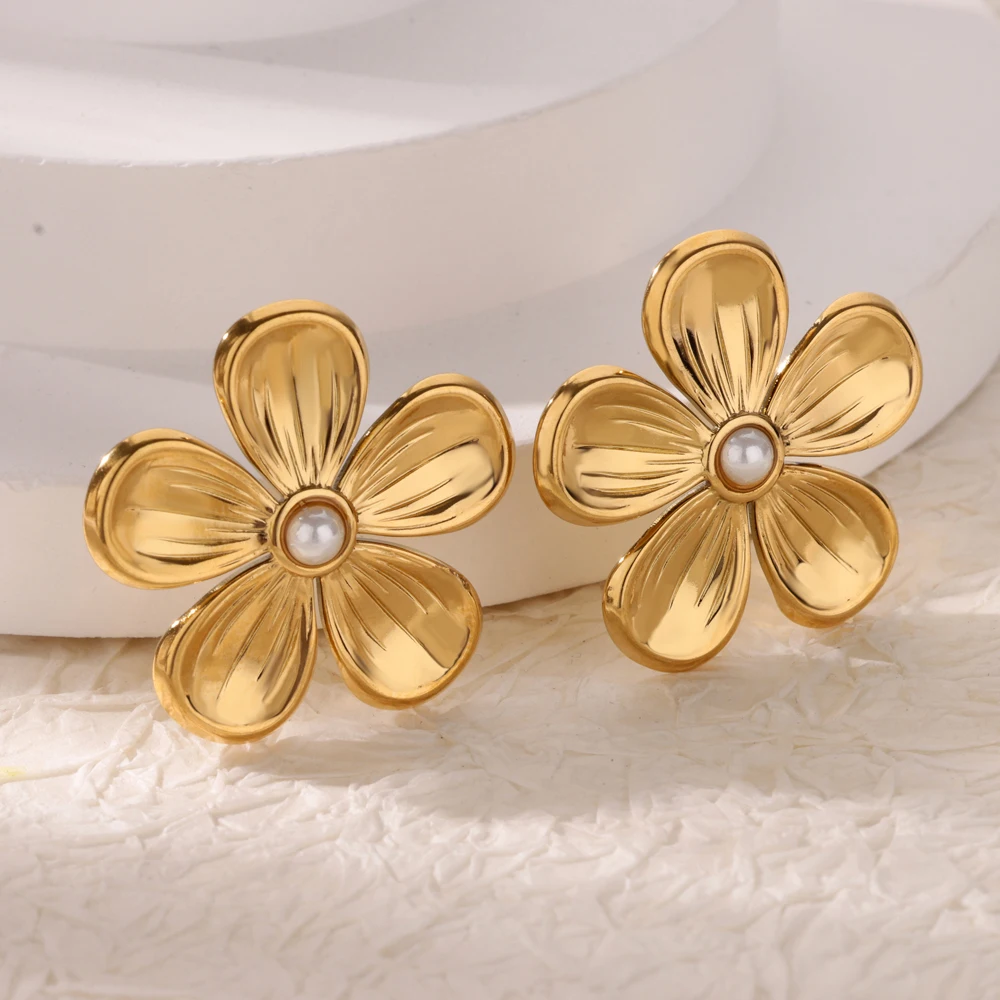 Flower Artificial Pearl Stainless Steel Earrings for Women Gold Color Conch Charm Earring Wedding Party Jewelry Accessories Gift