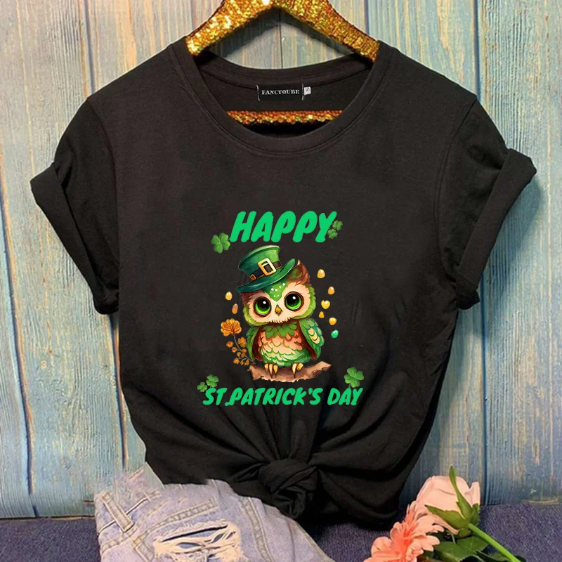 

HAPPY St. Patrick's Day Casual T-Shirt Cute Cartoon Owl Women's Round Neck Short Sleeve Shirt Top