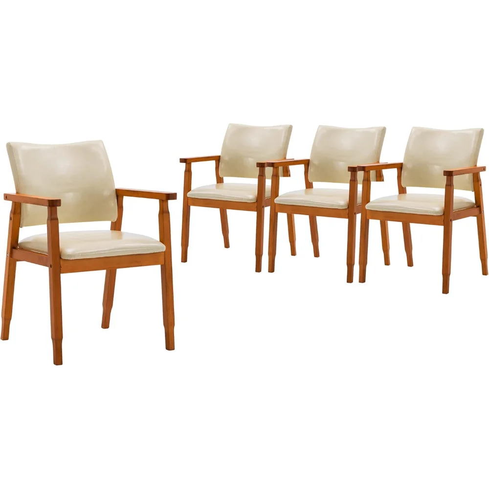 Mid-Century Dining Side Chair with Faux Leather Seat in Tan, Arm Chair in Walnut,Set of 4