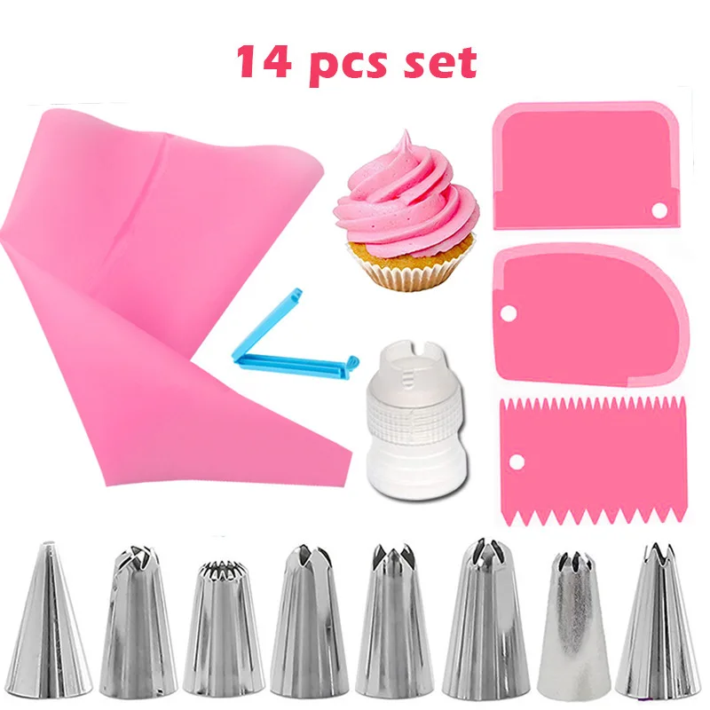 14pcs Cake Decorating Kit Piping Tips Silicone Pastry Icing Bags Nozzles Cream Scrapers Coupler Set DIY Cake Decorating Tools