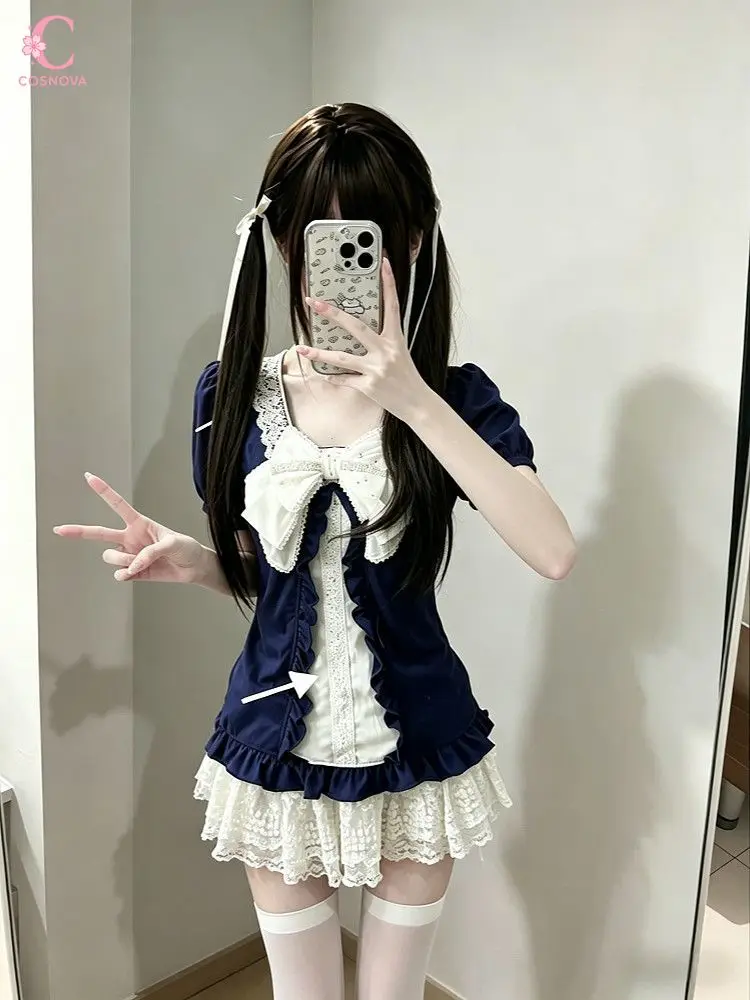

Retro Preppy Style Lace Ruffle Bow Puff Sleeve 2 Pieces Set Women Fake Two Piece Lace Mini Skirt Suit Female Daily Chic Clothes