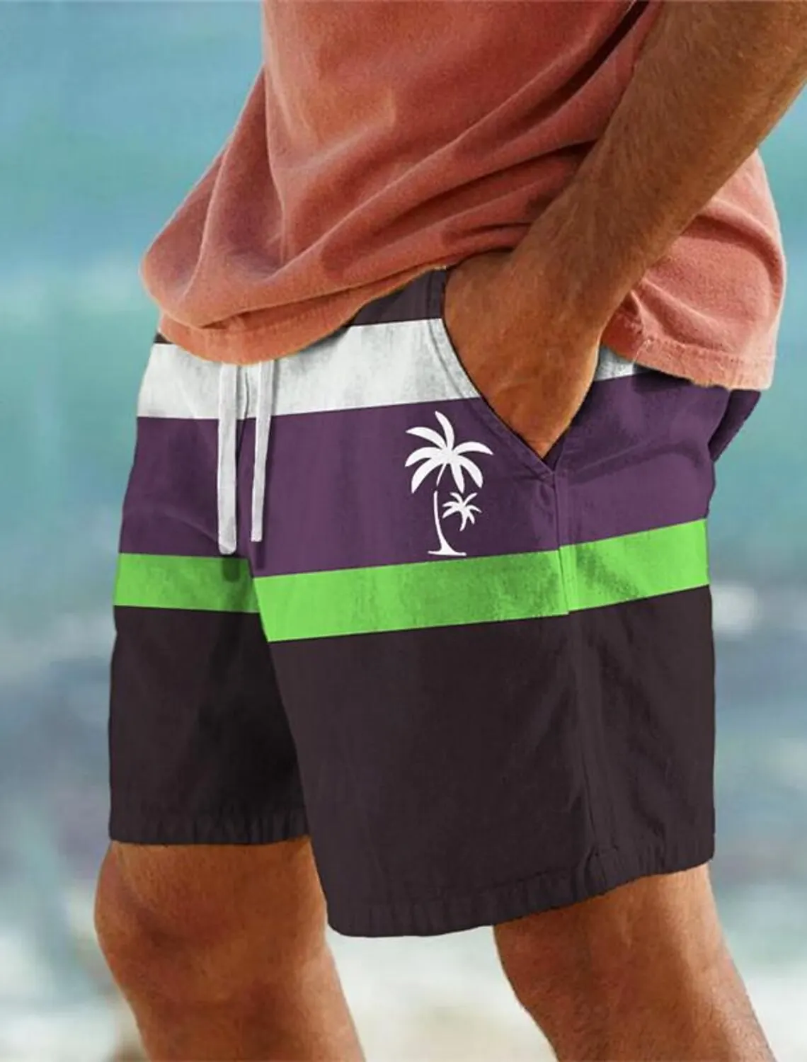 Men's Coconut Tree Striped 3D Print Beach Shorts Hawaiian Swimwear Men Surfing Casual Board Pants Swimsuits Trunks Man Clothing