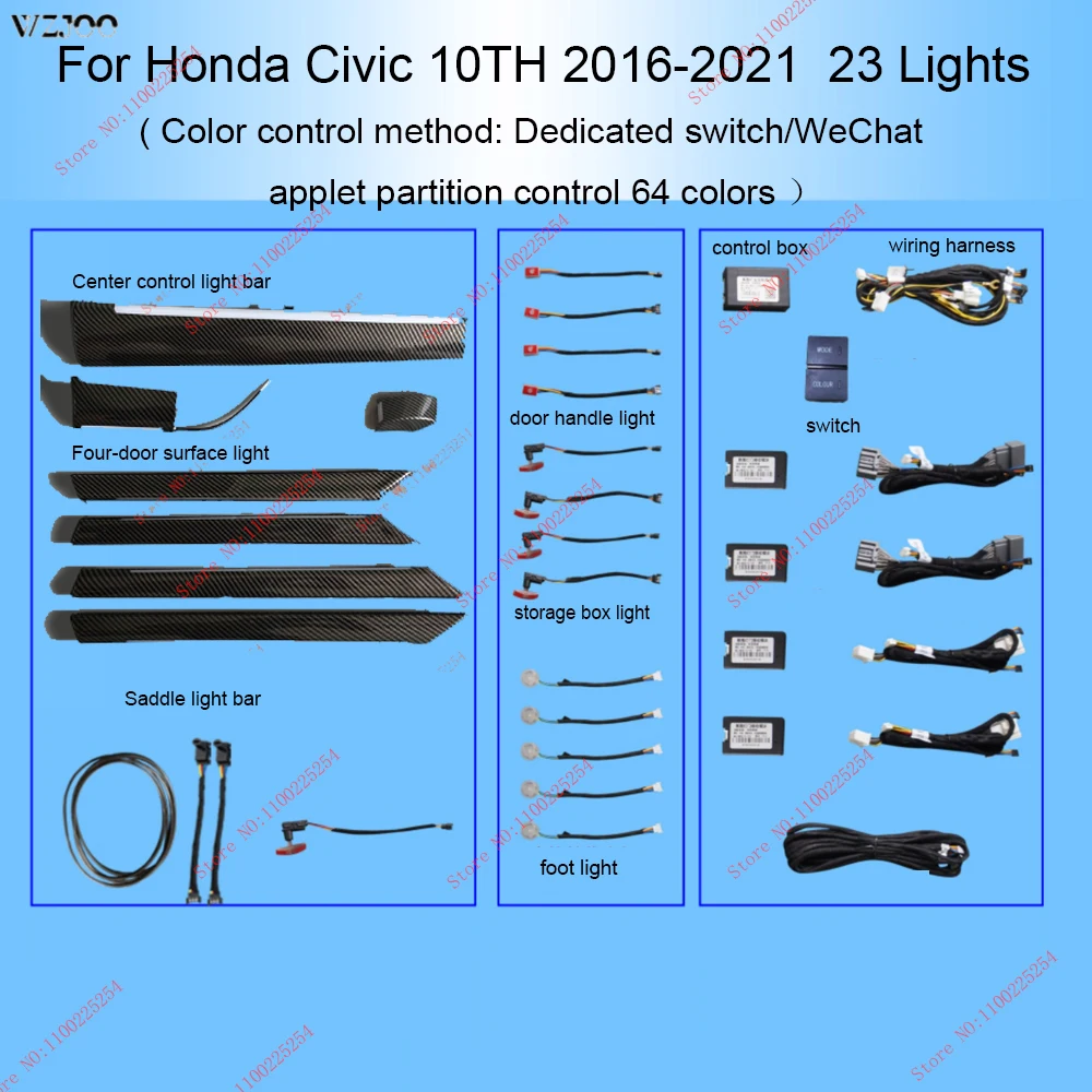 64 Colors LED Ambient Light Lamp For Honda Civic Ambient Light For 10th Civic 2016 2017 2018 2019 2020 Indoor Lighting Light