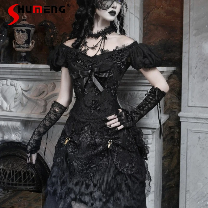 Halloween Japanese Rojita Dark Black Slim Fit High Waist Blouse Gothic Off-Shoulder Puff Sleeves Mesh Top Short Sleeved Shirt