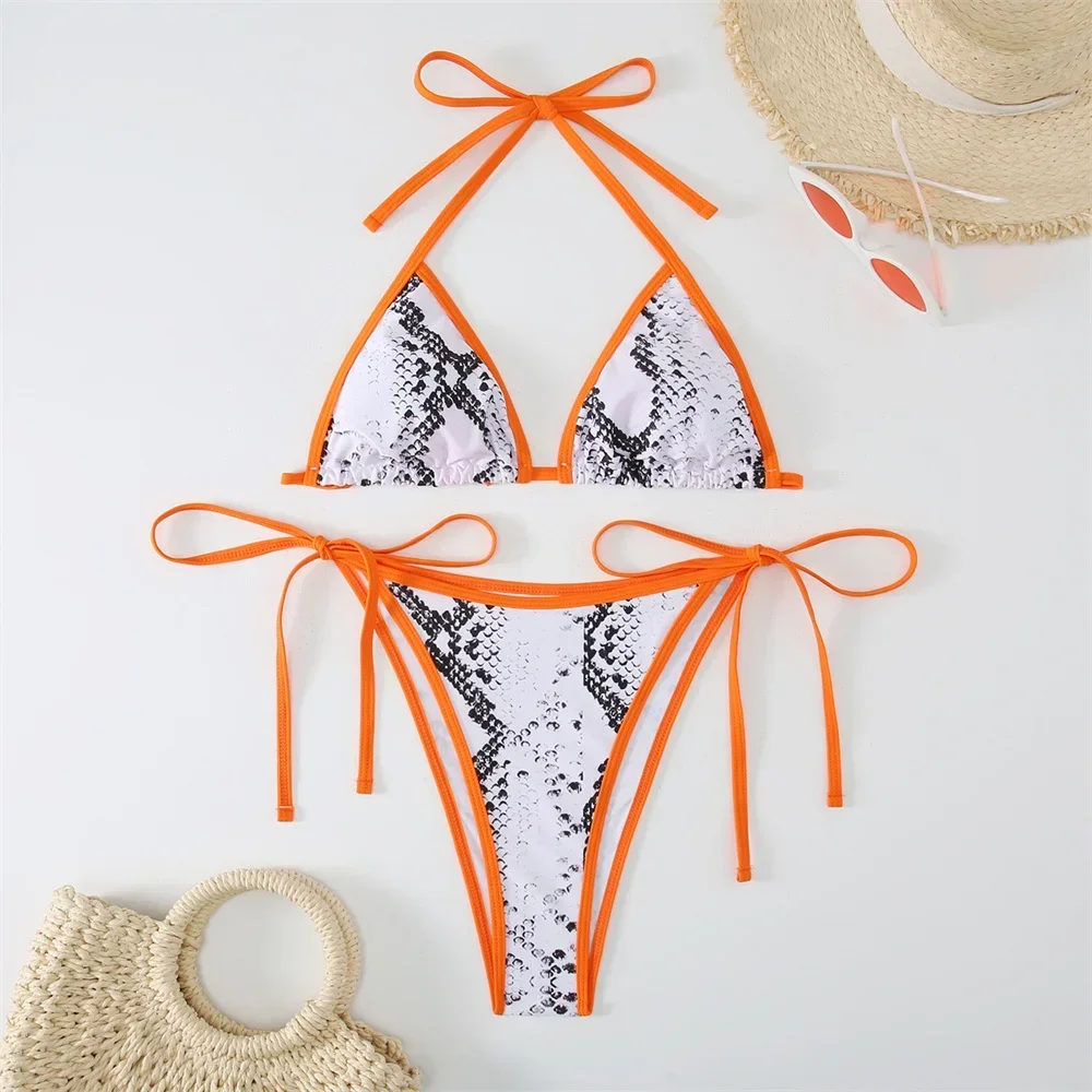 

Snake Print Bikini Halter String Bikinis Set Swimsuit Women Sexy Swimwear Thong Two Piece Y2K Beach Outfit Bathing Suit Biquinis
