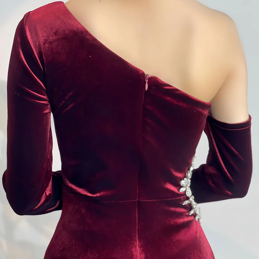 Detachable Sleeve Velour One Shoulder Long Sleeves Floor Length Straight Evening Dress Panel Train Zipper Back Crystal Fashion