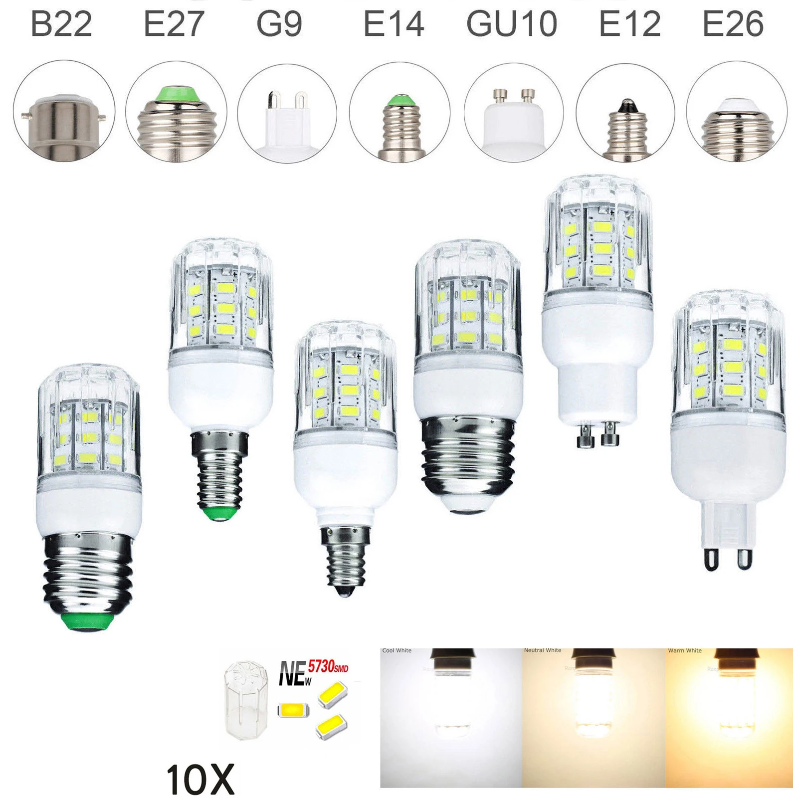 

10X Led Corn Light Bulbs Energy-saving Lighting 5730smd Socket Lights Dc 12V 24v Color Small Mini Warm Home Gu10 E14 15w B22 E12