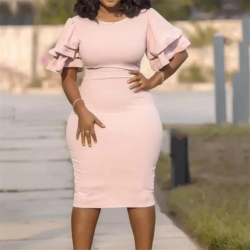 XL-5XL 드레스 여성 오-넥 랜턴 슬리브 슬림 나이트 솔리드 파티 짧은 드레스 오버 사이즈