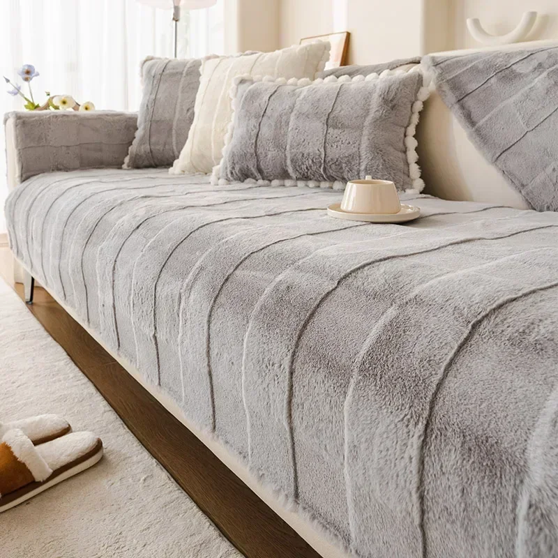 Rabbit Plush Sofa Slipcover Universal Solid Color stripe Sofa Towel Covers Non-slip Couch Slipcovers Sofa Towel for Living Room