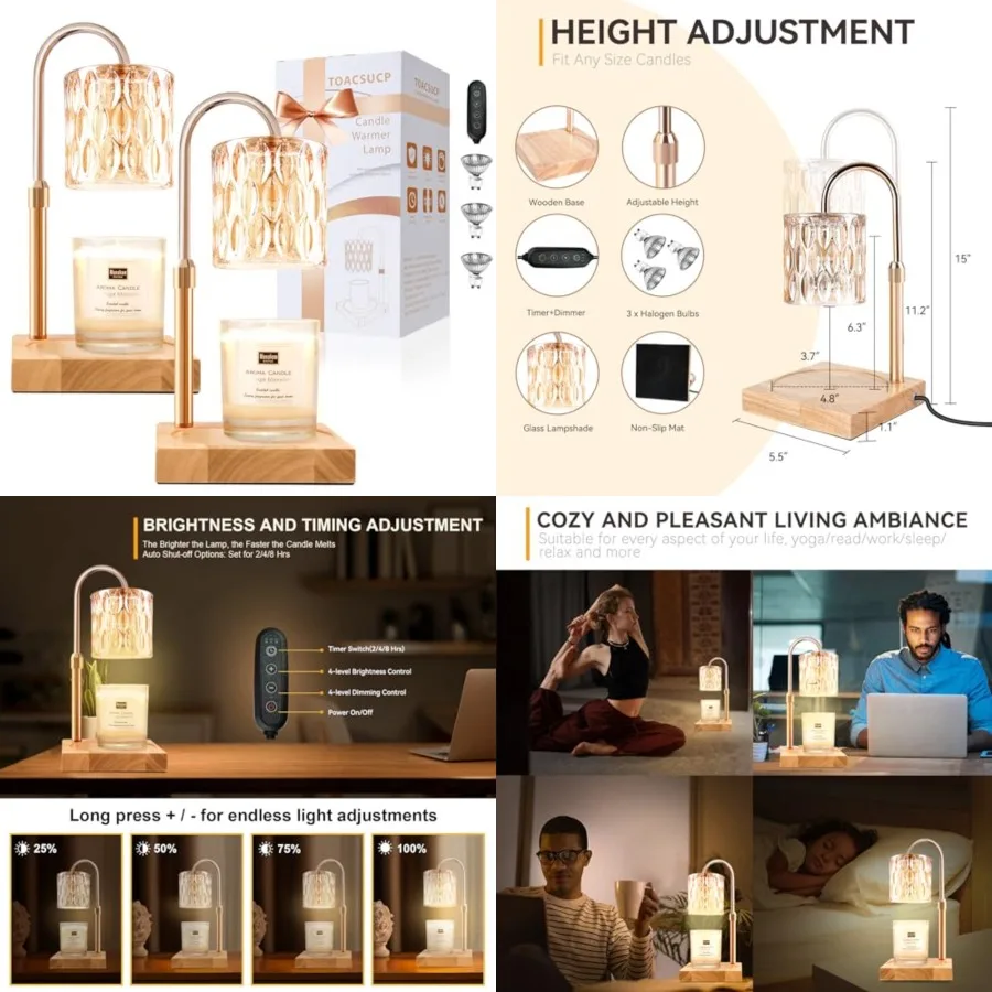 

Candle Warmer Lamp with 3 Bulbs, Adjustable Height Dimmable Candle Warmer with Timer, Compatible with Large Jar Candles, Candle