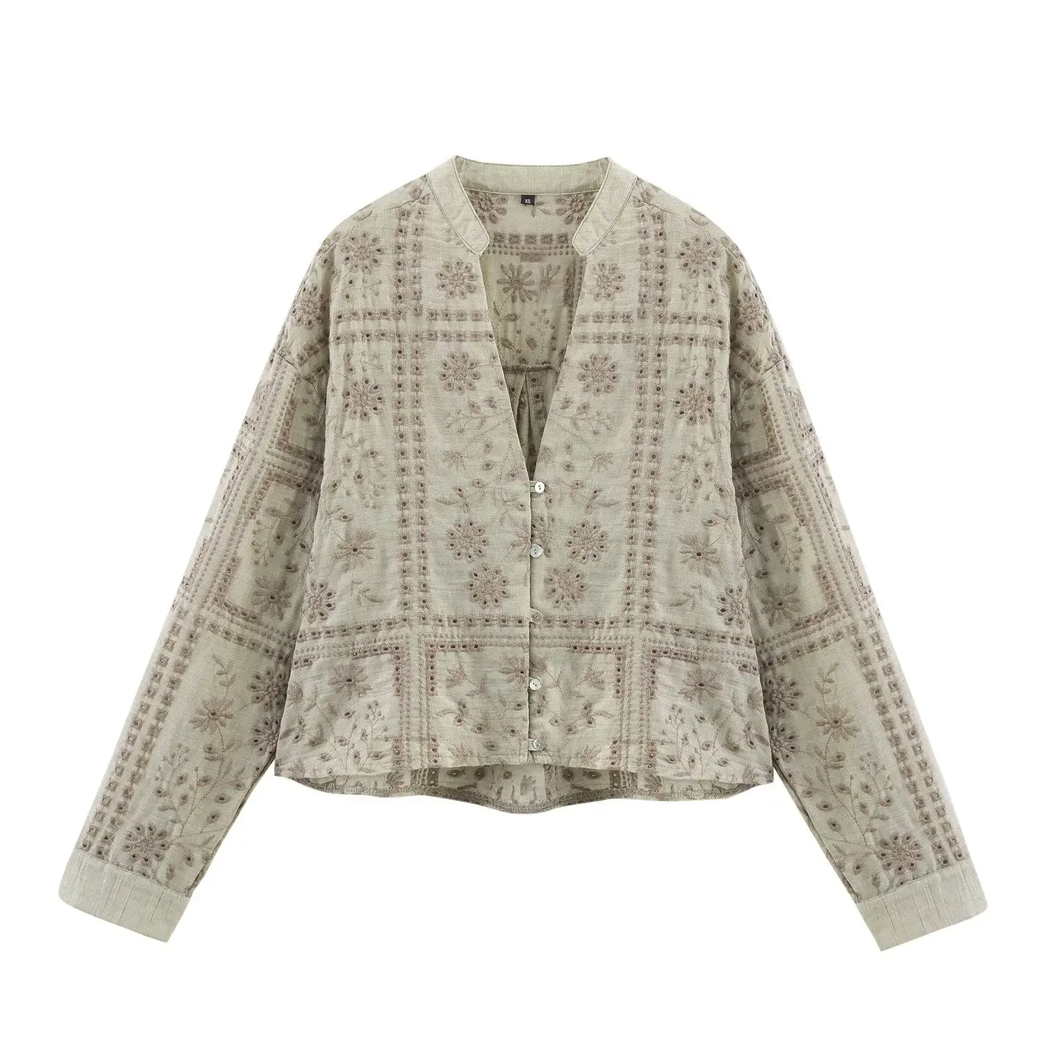 

Fashion Embroidery Blouse For Women Vintage Button Up Shirt 2025 New Summer Hollow Out V-Neck Long Sleeve Lady Casual Loose Tops