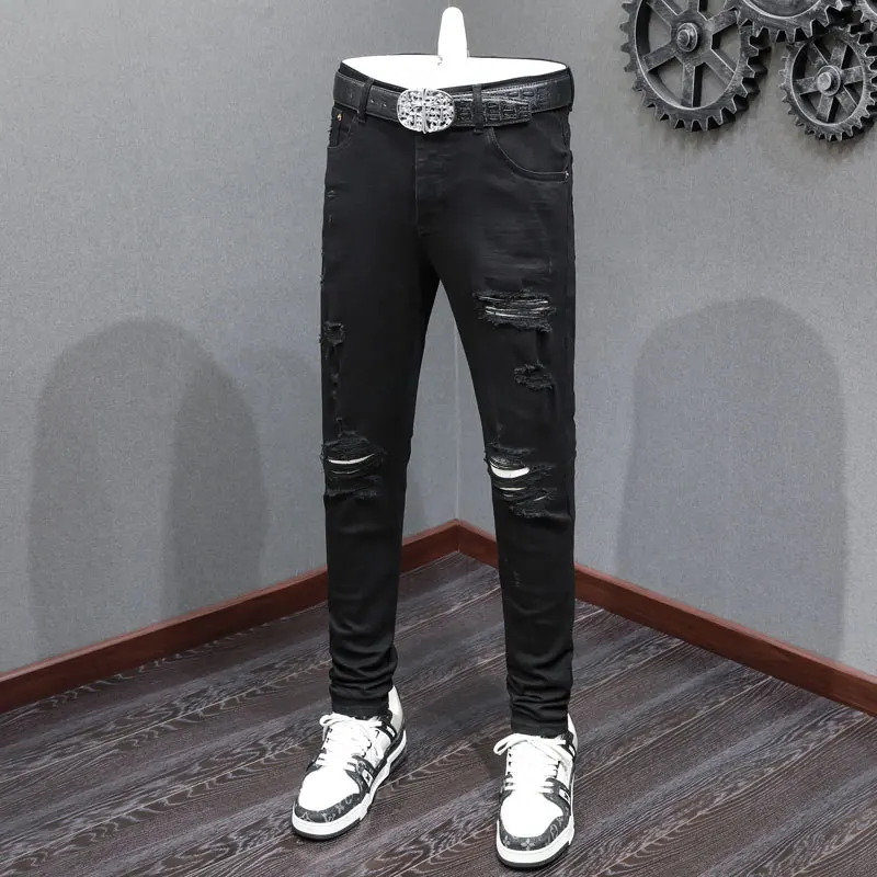 

High Street Fashion Men Jeans Black Stretch Skinny Fit Ripped Jeans Men Brand Designer Hip Hop Punk Denim Pencil Pants Hombre