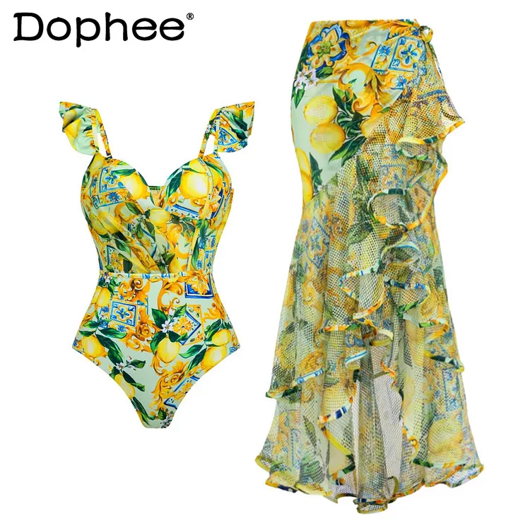 

Bathing Suit Women Flounced Mesh Stitching Lemon Printing Swimwear 2024 Summer New Sweet Style One Piece Swimsuit Female